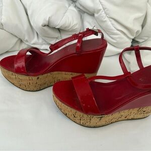 PRADA  Patent Leather Cork Wedge Sandals - Women
